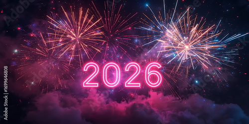 Vibrant Neon 2026 Celebration with Fireworks in Dark Sky