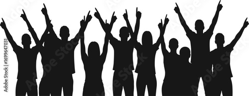 Silhouette of cheering crowd, happy people celebrating with raised hands, vector illustration for concert, party, festival, event, music or celebration background