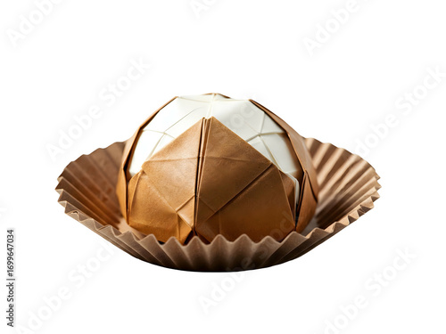 Close Up of Spherical Treat Wrapped in Gold Paper with White Filling in Brown Paper Cup on Black Background for Confectionery Presentation