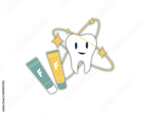Smiling Cartoon Tooth with Fluoride Tubes - Promoting Healthy Oral Hygiene and Dental Care for Kids