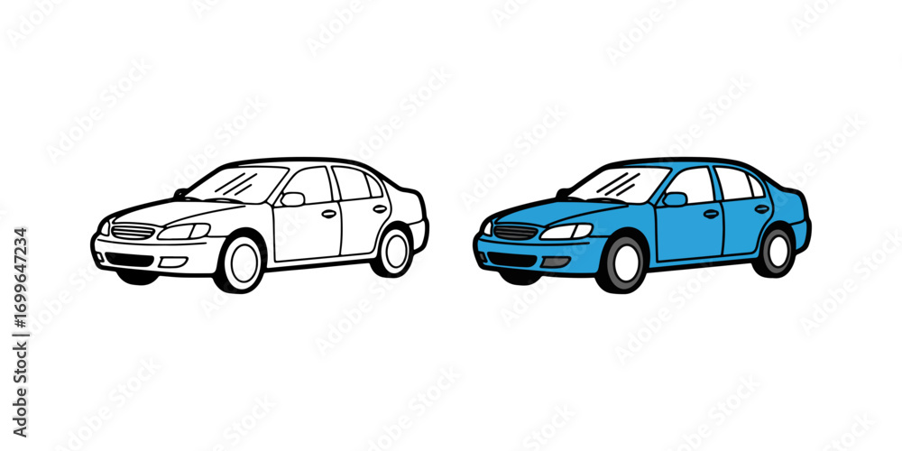 Fototapeta premium A modern sedan car illustration. This personal vehicle is shown in a blue color version and a black and white outline. Ideal for transport or automotive concepts.