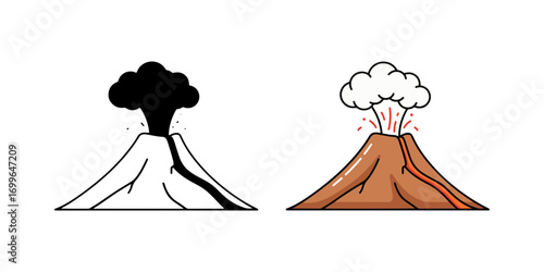 An erupting volcano illustration with smoke and lava. This powerful nature design is available in a colored version and a black and white line art style.