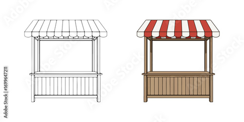 A street market stall or vendor kiosk with an awning. This commercial stand illustration is available in color and black and white line art.