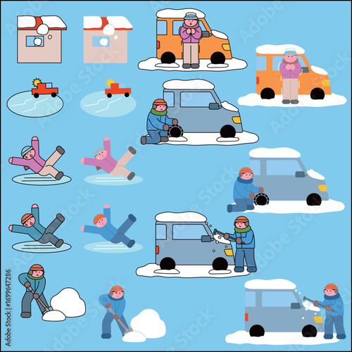 Winter Safety Illustration Set with People Shoveling Snow, Installing Tire Chains, Slipping on Ice, and Cold Weather Scenes