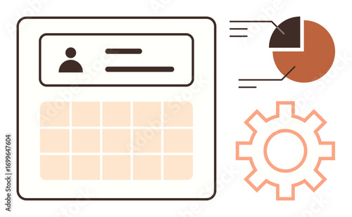 User profile above calendar grid alongside dynamic pie chart and gear icon. Ideal for data processing, account management, analytics, scheduling, productivity, process automation, business workflow