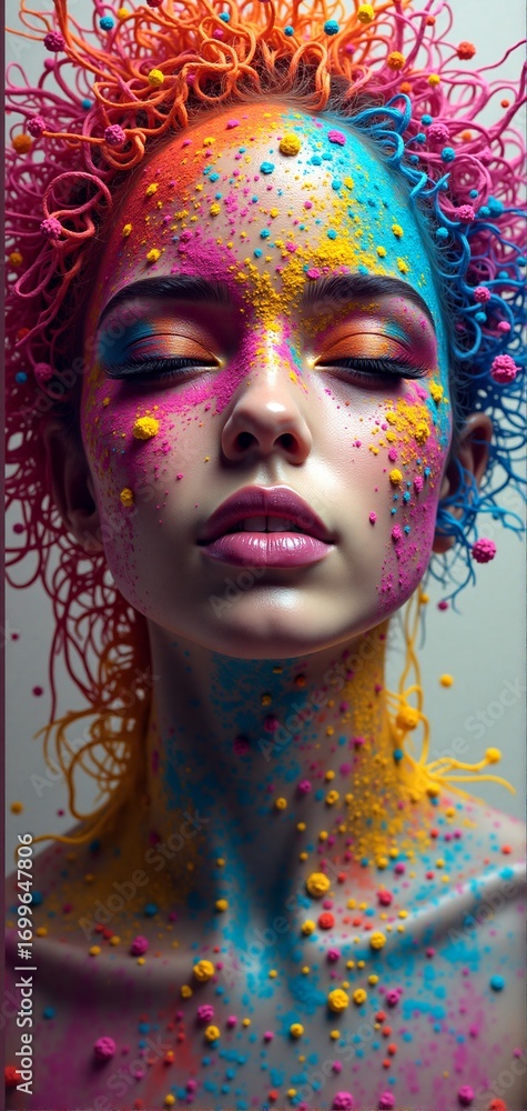 Obraz premium A woman with closed eyes, her face and body covered in a vibrant explosion of multi-colored powder, with wild, textured hair.
