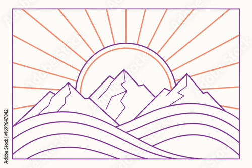 Stylized geometric landscape with mountains sun and waves sunrise sunset