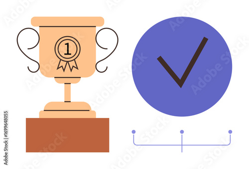 Golden trophy with first place ribbon next to blue checkmark in circle. Ideal for success, achievement, recognition, quality, award, competition, validation. Flat design simple flat metaphor