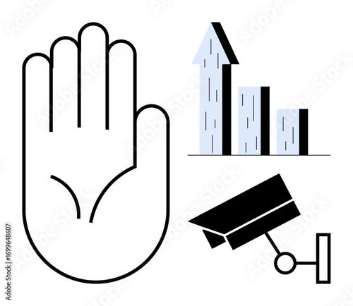 Stylized hand for privacy, ascending bar graph for data growth, CCTV camera for surveillance. Ideal for security, data privacy, monitoring, technology, analytics, compliance simple landing page