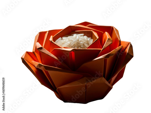 Orange Origami Rose Flower with Rice on Isolated Transparent Background Detailed Geometric Folds Vivid Color Delicate Craftsmanship Artistic Still