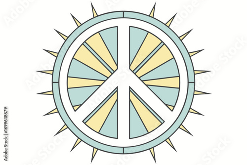 Stylized Peace Symbol with Sunburst and Spikes on White Background peace sign rays