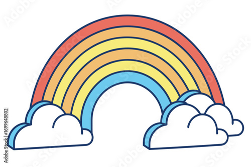 Stylized Rainbow With Clouds In Retro Colors And Blue Outline 1970s