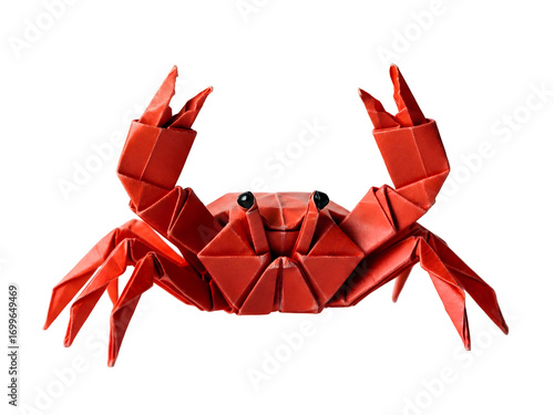 Origami Red Crab with Geometric Folds and Details on Transparent Background Flat Lay Capturing Playful Still Life Animal Theme