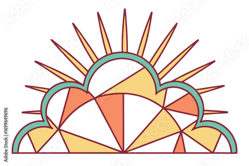 Stylized sunburst with geometric cloud shape in orange, yellow, and white rays