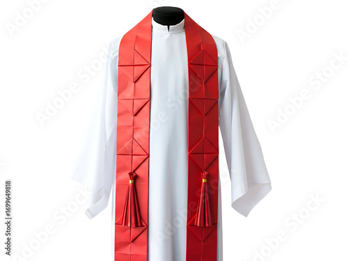Bright Red Stole with Geometric Accents Over White Clergy Robe Isolated on Transparent Background