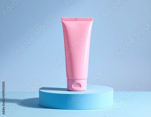 Wallpaper Mural A vibrant pink tube of cosmetic product stands on a simple light blue circular pedestal against a light pastel blue backdrop. Torontodigital.ca