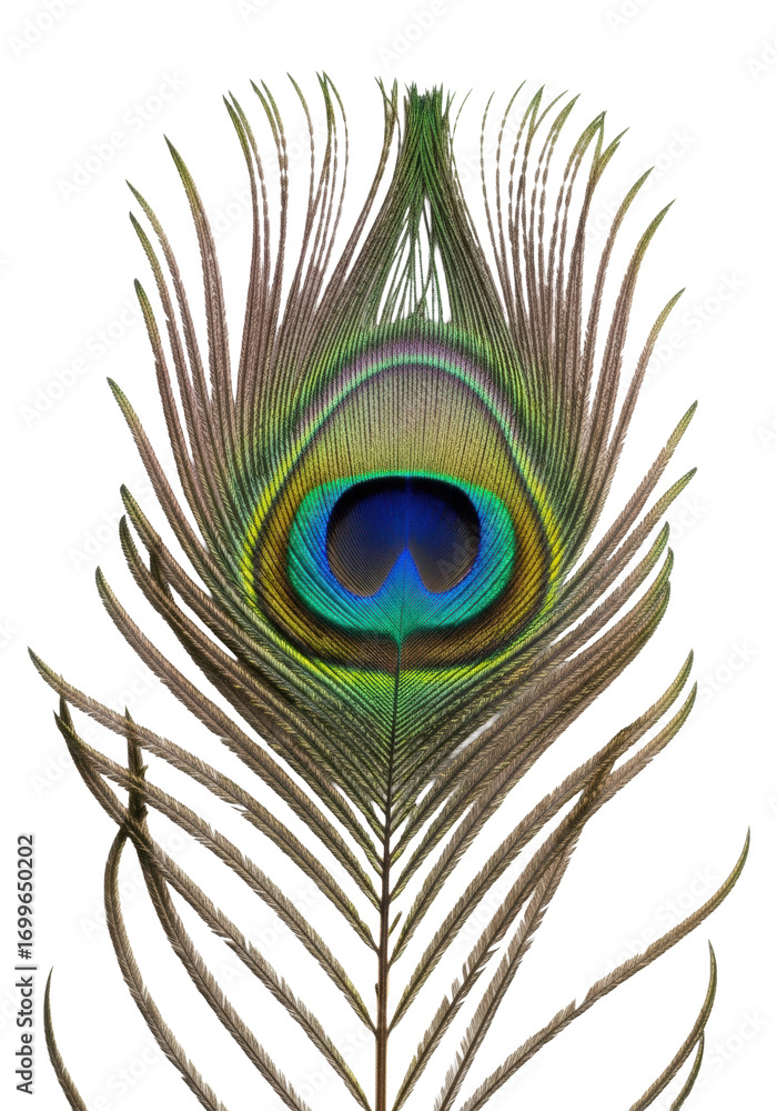 Fototapeta premium Extreme close-up of a vibrant peacock feather, iridescent eye spot, electric blue, emerald green, radiant gold rings, intricate barbs, on a transparent studio background, concept of natural beauty and