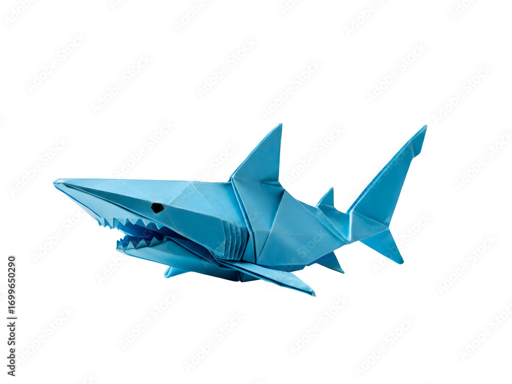 Fototapeta premium Origami Marine Predator Blue Paper Shark with Sharp Teeth on Isolated Black Background Detailed Aquatic Art Paper Folding Craft