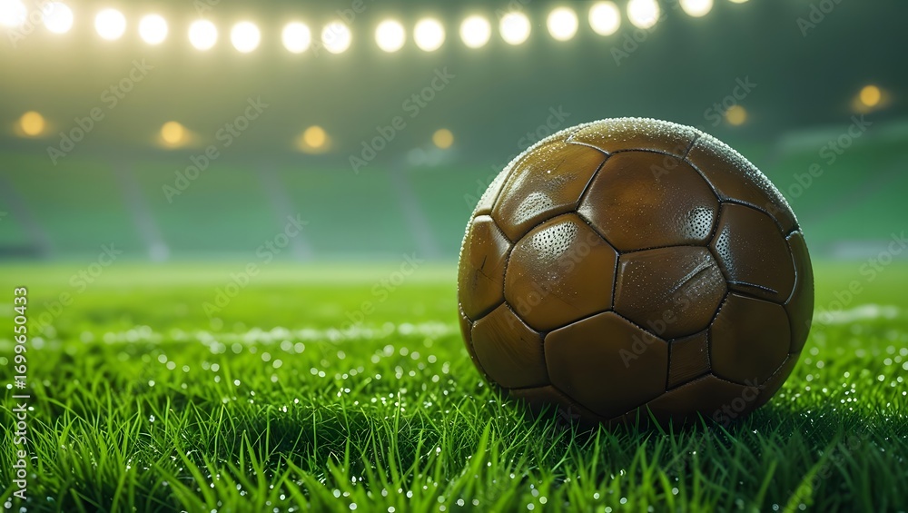 Fototapeta premium Soccer ball on green grass field under glowing stadium lights