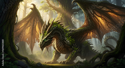 Majestic Dragon Resting in a Sunlit Forest