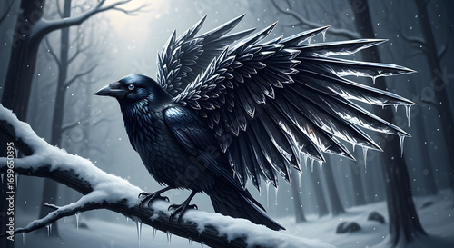 Winter Raven Spreading Wings in Snowy Forest