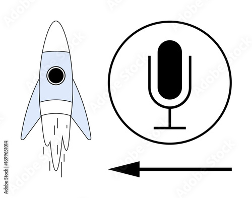 Blue rocket emitting flames beside a microphone inside a circle, with a leftward arrow. Ideal for innovation, communication, startup, podcasting, creativity, progress, simple landing page