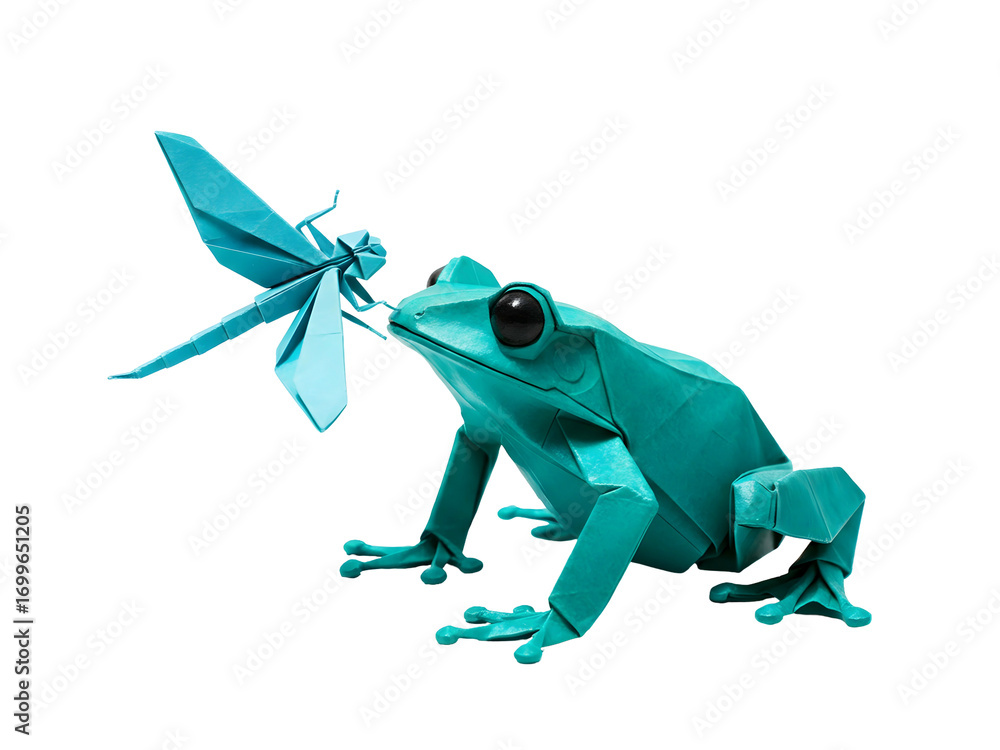Obraz premium Turquoise Origami Frog Reaching for a Dragonfly Against Black Background Isolated