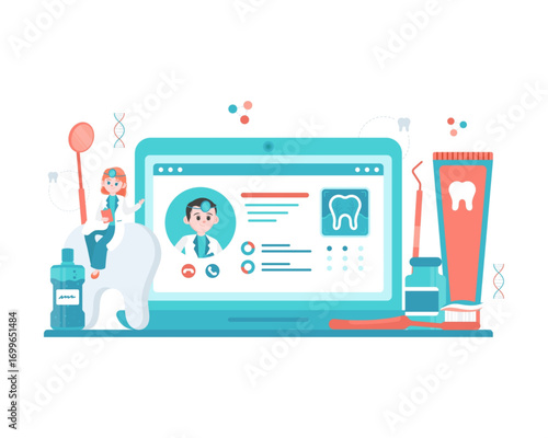 Online dental consultation service, with doctor on computer screen and dental tools for oral hygiene