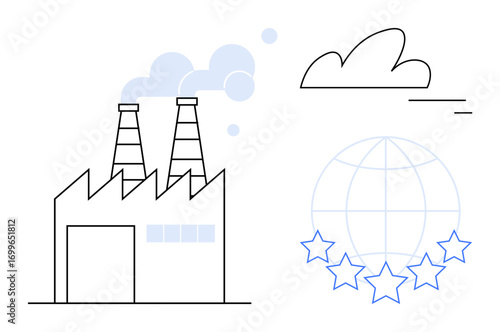 Smoke emissions from factory chimneys, cloud, global network with stars. Ideal for sustainability, manufacturing, pollution, rating systems, global standards, industry simple landing page