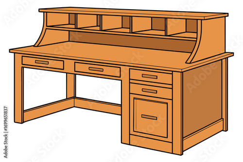 Wooden roll-top desk with drawers and shelves on white background Keywords: desk, wooden, furniture