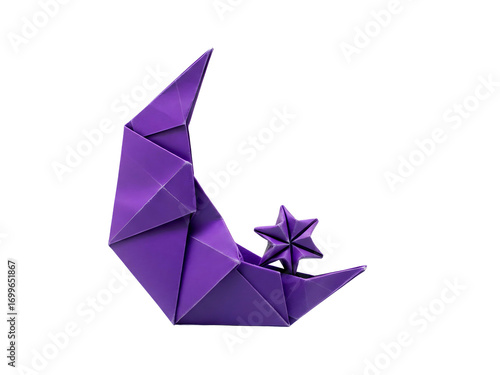 Crescent Moon and Star Origami Purple Paper Art on Transparent Background