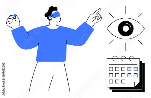 Person wearing VR headset gesturing toward an alert eye and calendar. Ideal for technology, innovation, future planning, time management, virtual experiences, creativity, and conceptual thinking. A