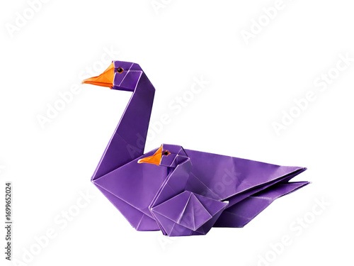Purple Origami Swan with Folded Paper Texture on a Black Isolated Background Symbolic Crafting Traditional Japanese Art Form