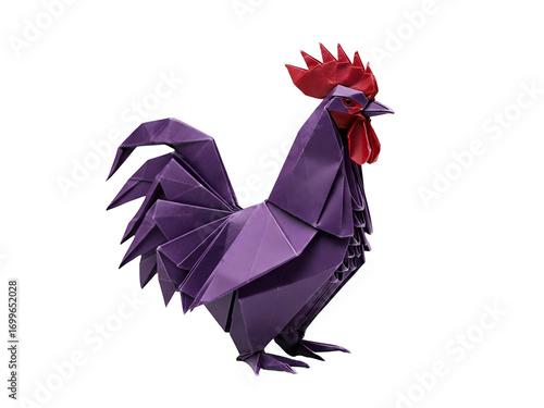Detailed Origami Rooster with Purple Body and Red Crest in Sharp Focus Isolated on Transparent Background with Intricate Folds and Angular Design