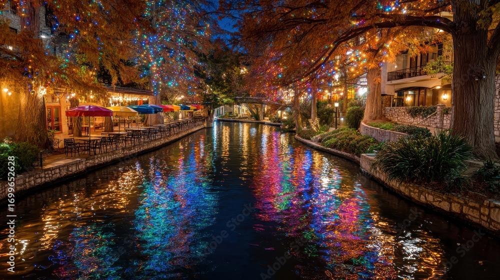 Fototapeta premium Texas Christmas. River Walk in San Antonio with Stunning Architecture and Colorful Christmas Lights