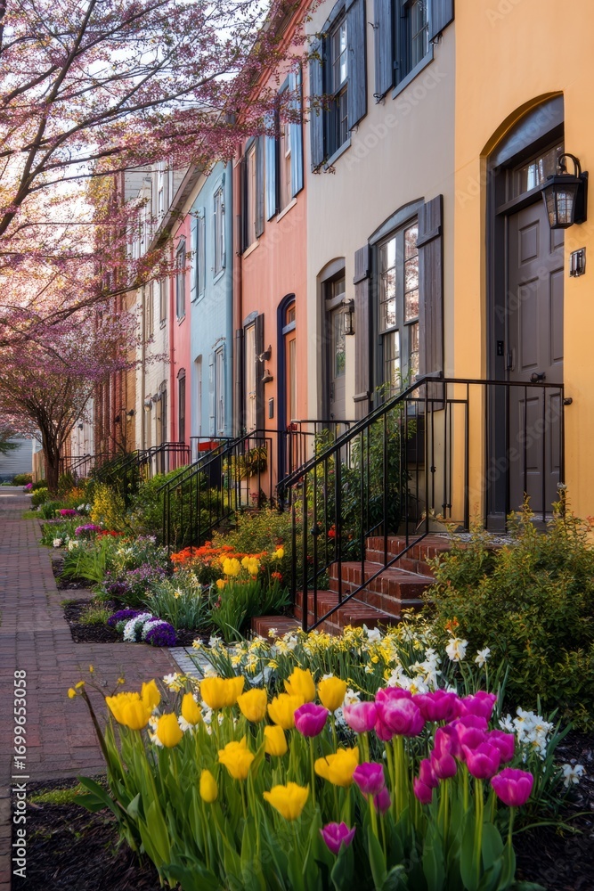 Fototapeta premium A row of townhouses in spring Gardens bloom with colorful flowers The mood feels fresh and uplifting, Generative AI 