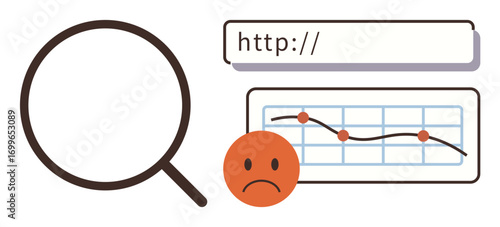 Magnifying glass, URL bar, downward trend chart, and sad face represent website performance issues. Ideal for SEO analysis, web traffic, analytics, troubleshooting, optimization poor rankings
