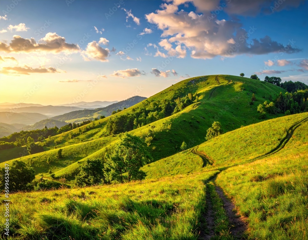 Obraz premium A scenic view of rolling hills at sunset, with lush green meadows and a winding path, bathed in golden light.
