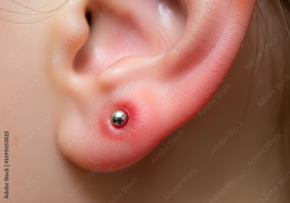 Fototapeta premium close up of piercing on earlobe with irritation around it