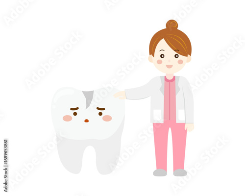 Cute female dentist character treating a sad cartoon tooth with decay. Professional dental care and oral health concept illustration for clinics