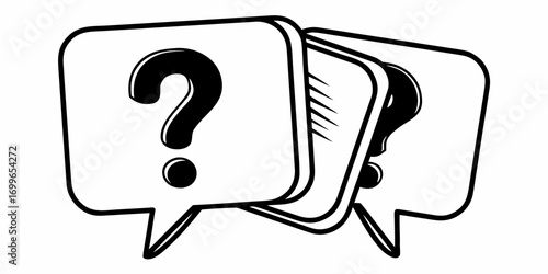 Three stacked speech bubbles displaying question marks in a black and white illustration style