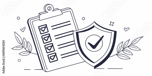 Clipboard with check boxes and a shield with a check mark surrounded by leaves and small shapes design