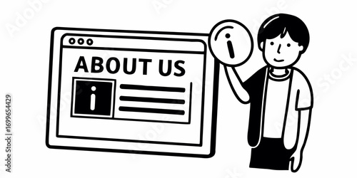 Cartoon illustration of a person holding a magnifying glass next to an about us webpage display