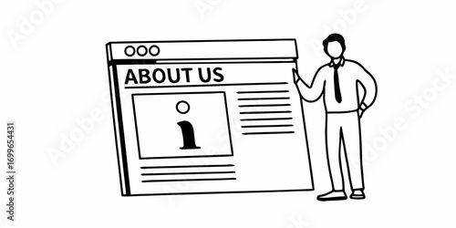 Man presenting an about us page with information icon and text lines in a black and white illustration