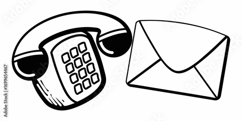 Illustration of a landline telephone with buttons and a sealed envelope next to each other