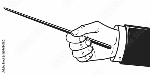 A hand holding a baton with a suit sleeve showing in a black and white illustration style image here