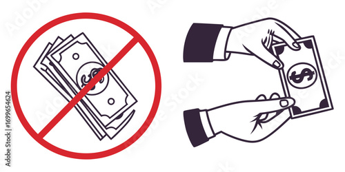 No cash accepted symbol with money and hands exchanging currency in a black and white illustration