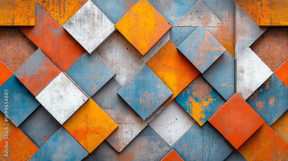 Fototapeta premium Abstract geometric pattern orange blue white textured squares design
