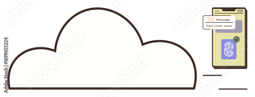Large cloud with smartphone featuring biometric fingerprint scanning and password input. Ideal for cybersecurity, online storage, authentication, data encryption, privacy, technology, digital safety