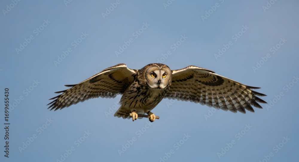 Fototapeta premium Majestic Short-Eared Owl in Mid-Flight, Wings Spread Wide Against a Clear Blue Sky